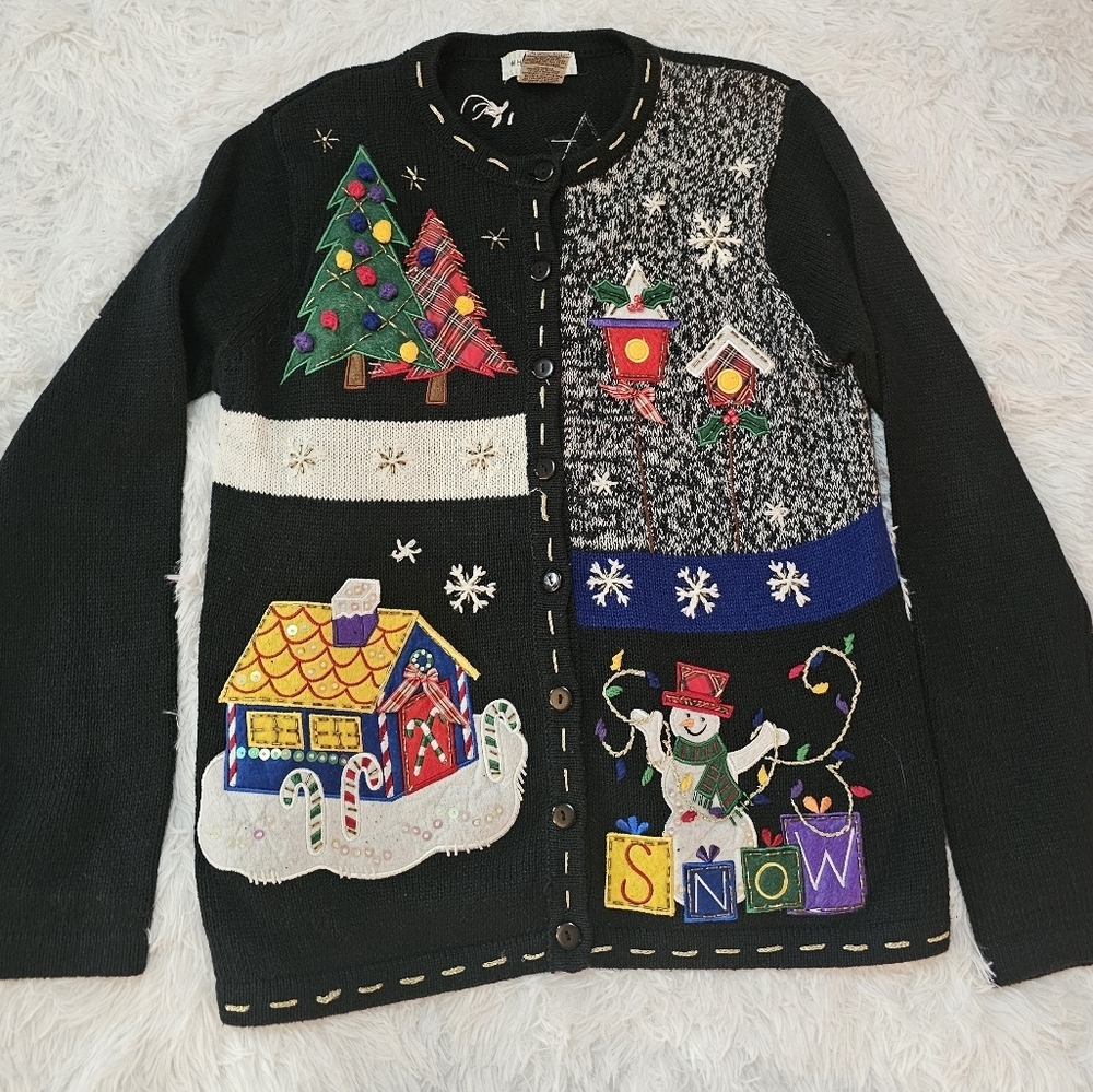 90s Vintage White Stag Christmas Black Holiday Cardigan with Embroidery LX 16/18